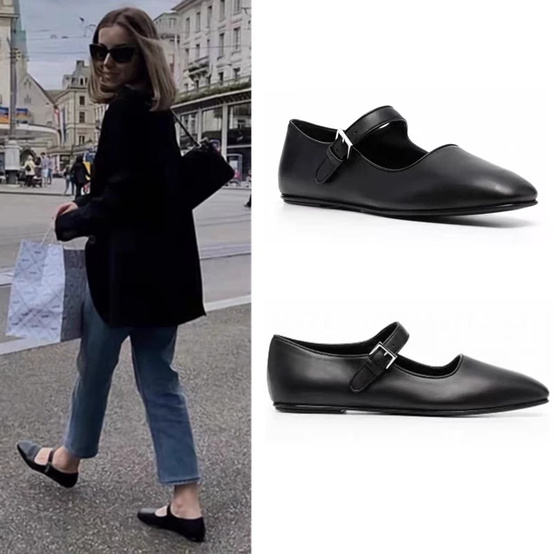 The*Row Ballet Flats Mary Jane Shoes Women's Single Shoes Evening Shoes Evening Shoes Square Toe Leather Shoes Shallow Mouth Gr