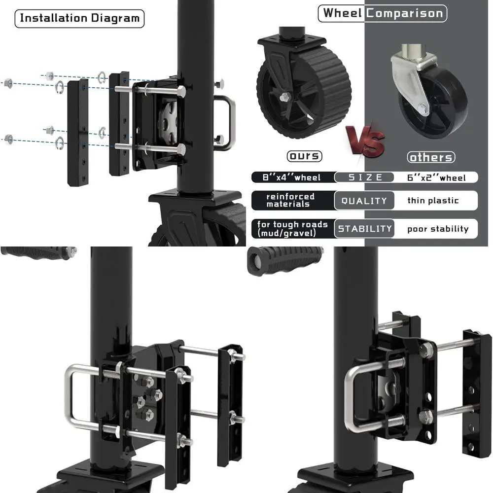 Gato para remolque con ruedas de 8 pulgadas, movimiento vertical de 13", 2000 libras, para vehículos recreativos, barcos, remolques y más, negro