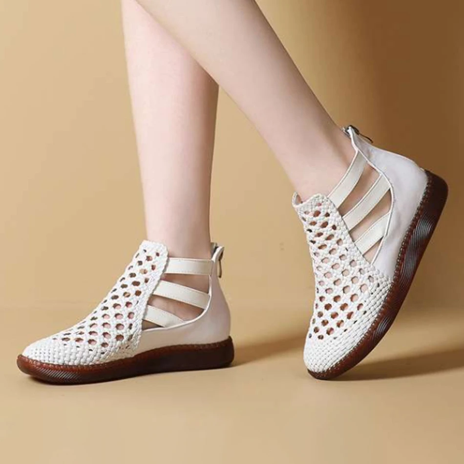 

Soft leather hollow ankle boots, soft-soled comfortable cooling boots, flat women's shoes, and cowhide soled cooling boots