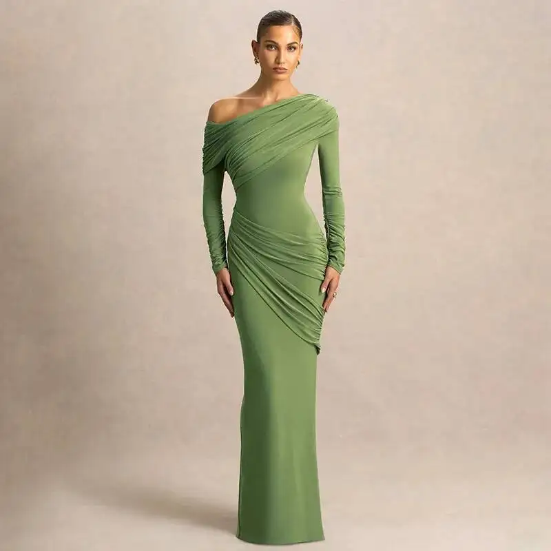 Blifanbo Eine Schulter Geraffte Sexy Maxi Kleid Frauen Kleid Langarm Elegante Skew Kragen Backless Bodycon Club Party Kleider