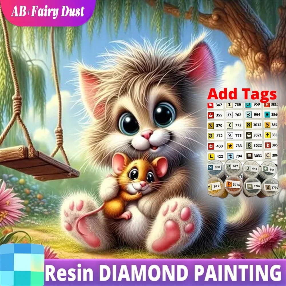 

Resin AB Fairy Dust Cat Diamond Painting Animal Mosaic Cartoon DIY Full Square Round Embroidery Mouse Wall Decoration