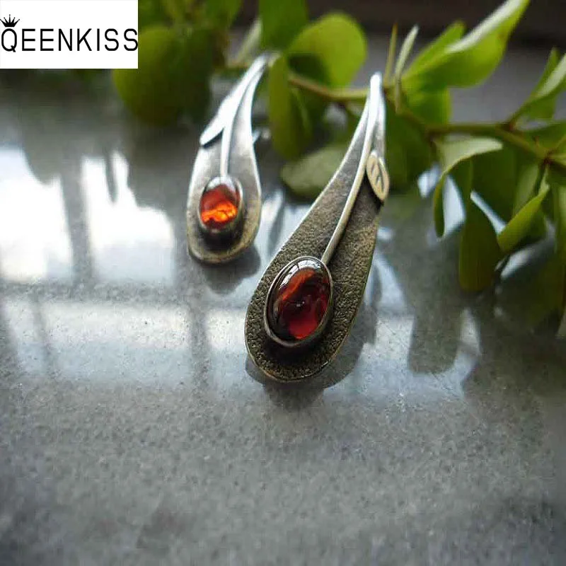 

QEENKISS EG6319 2022 Fine Jewelry Wholesale Fashion Woman Girl Birthday Wedding Retro Leaves Ruby Antique Silver Drop Earrings