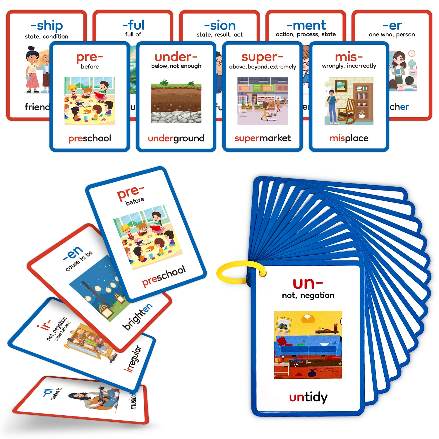 Cartes flash d'apprentissage des premiers et des suffixes double face, 15 pièces, maîtrisez facilement la formation des mots, idéales pour l'école à domicile et l'éducation