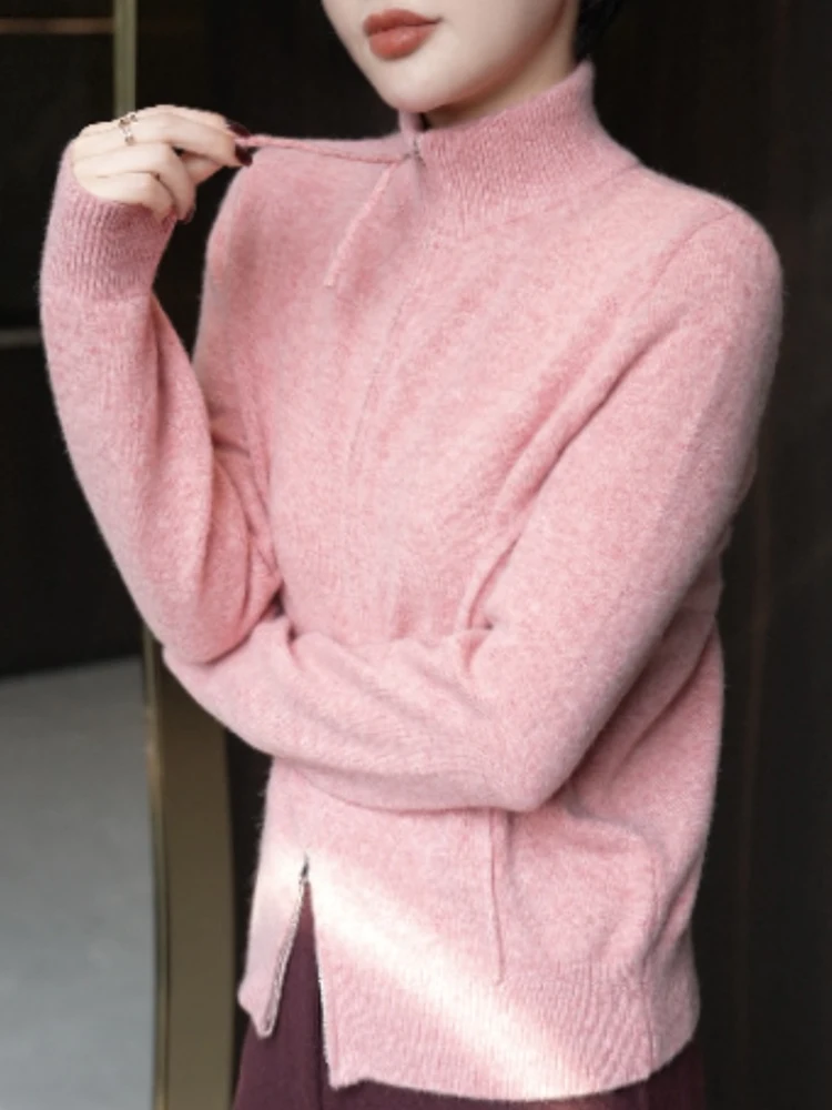 

Faionable Double Zipper Camere Knitwear Long Sve Women's Pure Color Casual Autumn Clothes Simple Match All-weather