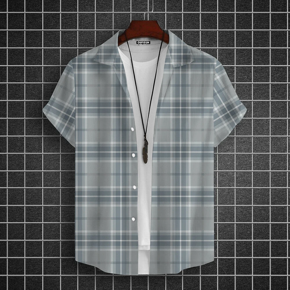 남성용 캐주얼 기본 셔츠, 레저 반팔 격자 무늬 셔츠, 빅 사이즈, 루즈핏 단추 업, 클래식 격자 무늬 셔츠 