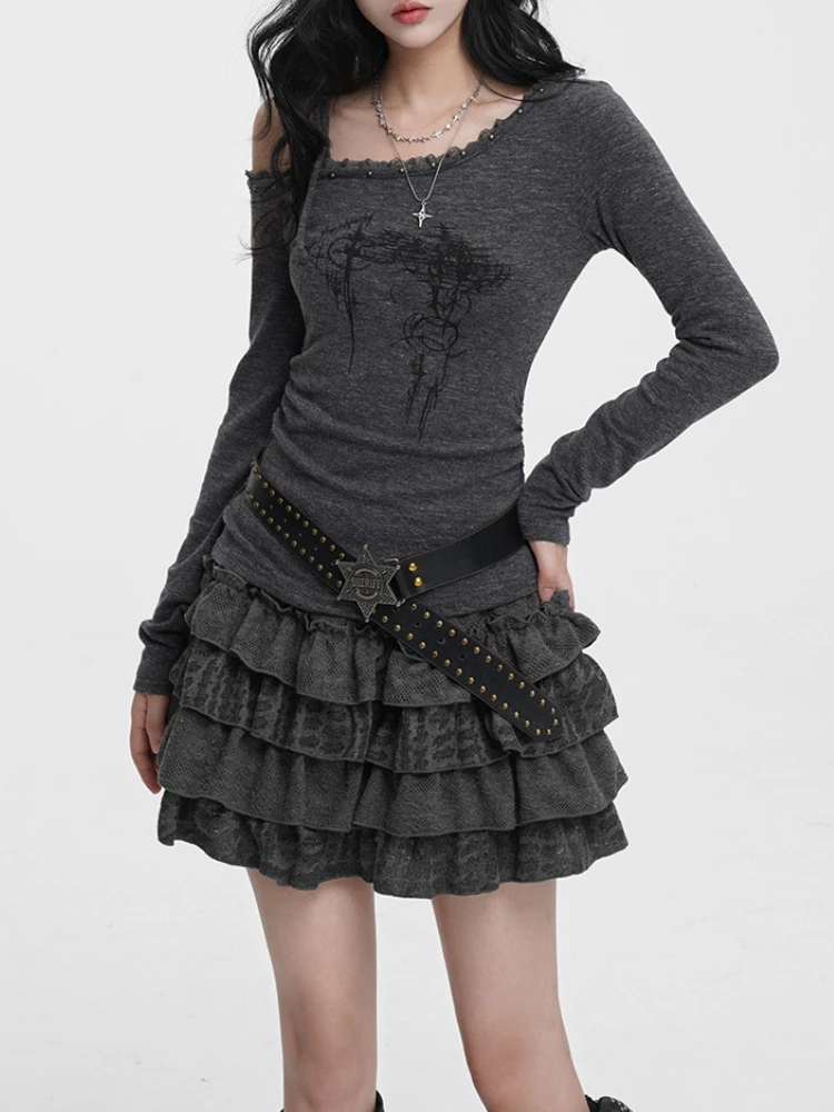 Gonna moda vintage donna autunno grigio a strati con volant torta minigonna corta a vita alta retrò chic caldo ed elegante abito coreano