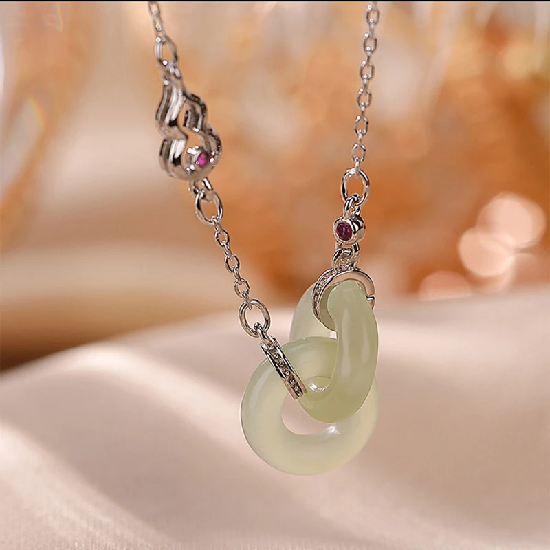 Classic new natural hetian jade gourd double round pendant necklaces exquisite silver design luxury palace style jewelry