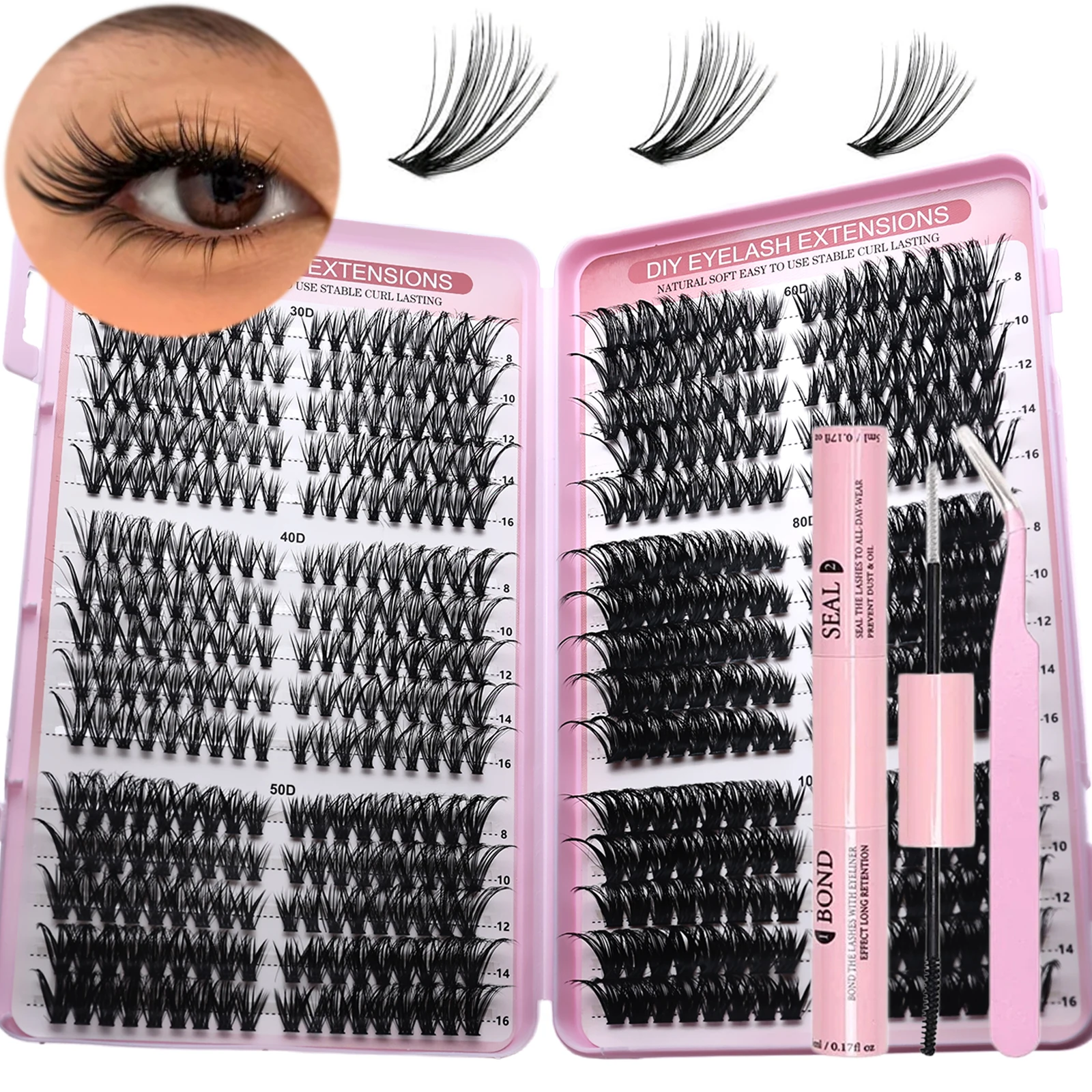 DIY Lash Extension Tools Set D Curl Cluster Eyelashes Kit Including Glue Sealant and Tweezers