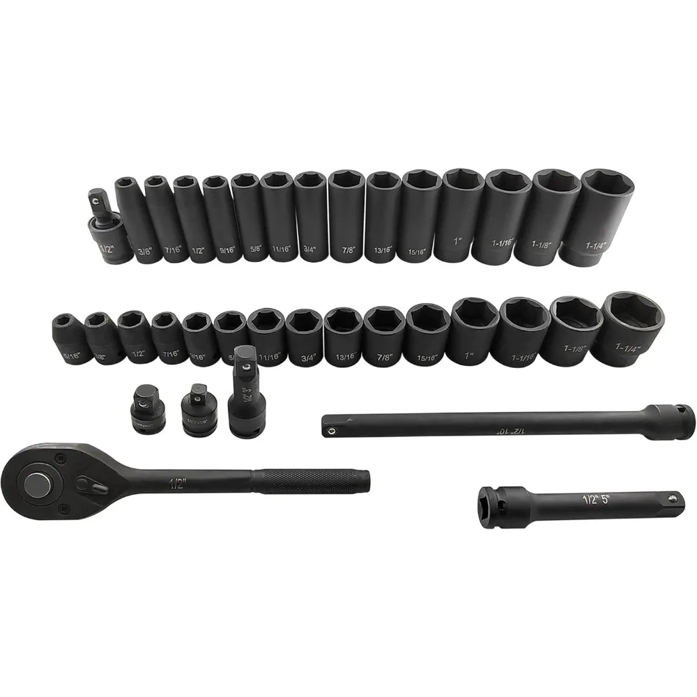 مجموعة مقابس تأثير المحرك 70 قطعة 1/2 بوصة، فولاذ Cr-V، SAE & Metric، مقابس قياسية/عميقة مع 72 مقبض بسقاطة للأسنان، شريط تمديد