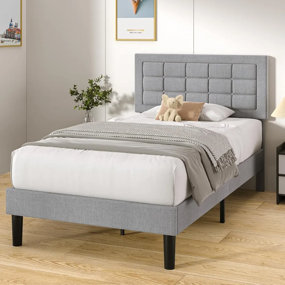 VECELO Twin Size Bed Frame with Adjustable Headboard, Upholstered Button Tufted Platform Bedframe with Wood Slats Support, No Bo