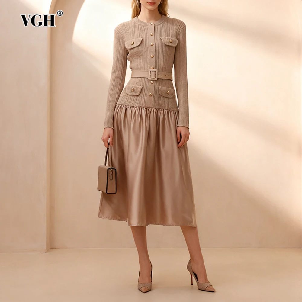 

VGH High End Style A Line Knitted Dress for Women O Neck Long Sleeve Spliced Sashes Hit Color Elegant Long Dresses Female Autumn