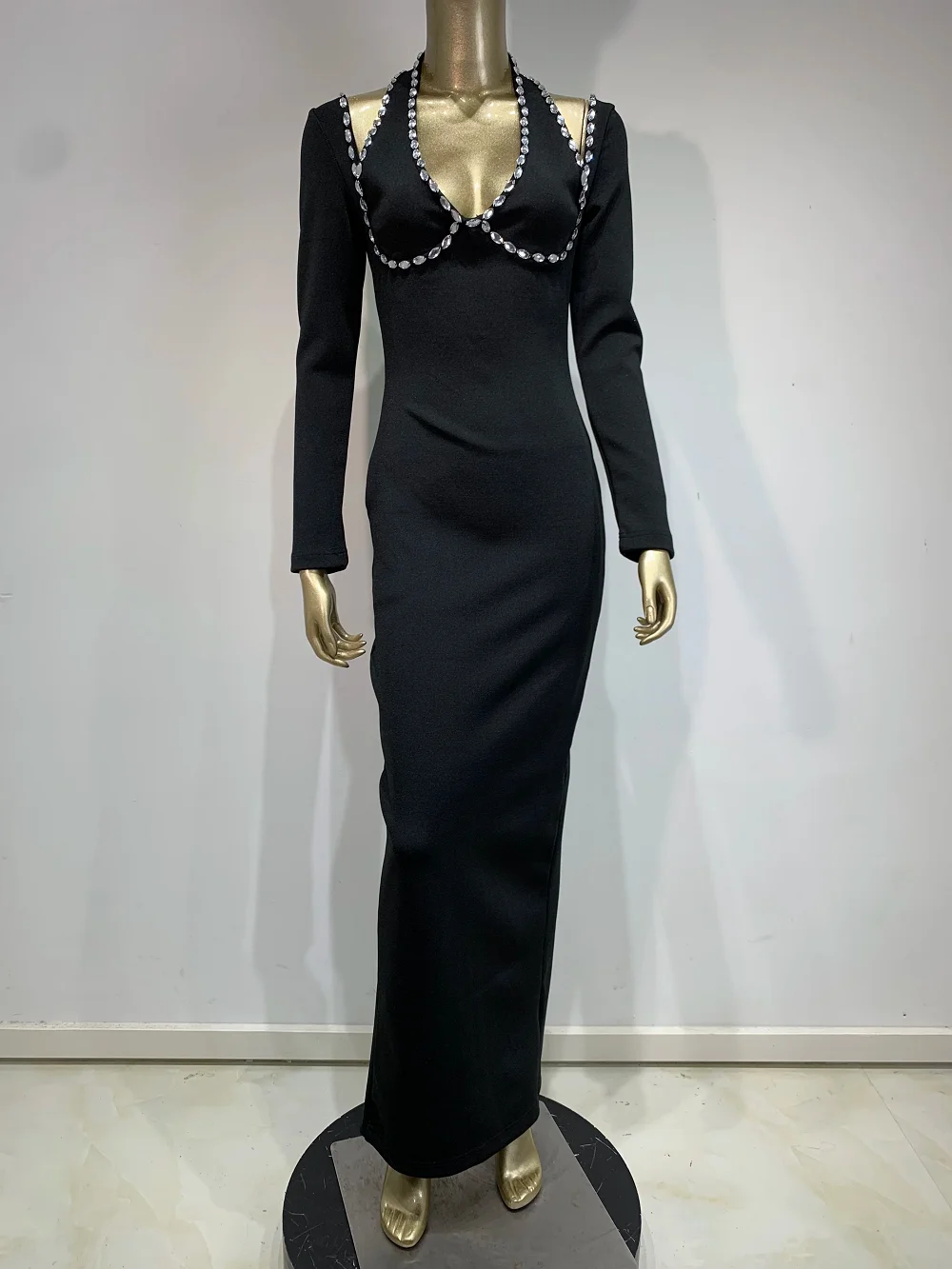 2024 Abito da donna sexy a maniche lunghe con perline Diamanti Nero Maxi lungo aderente con fasciatura Abito da sera elegante da club