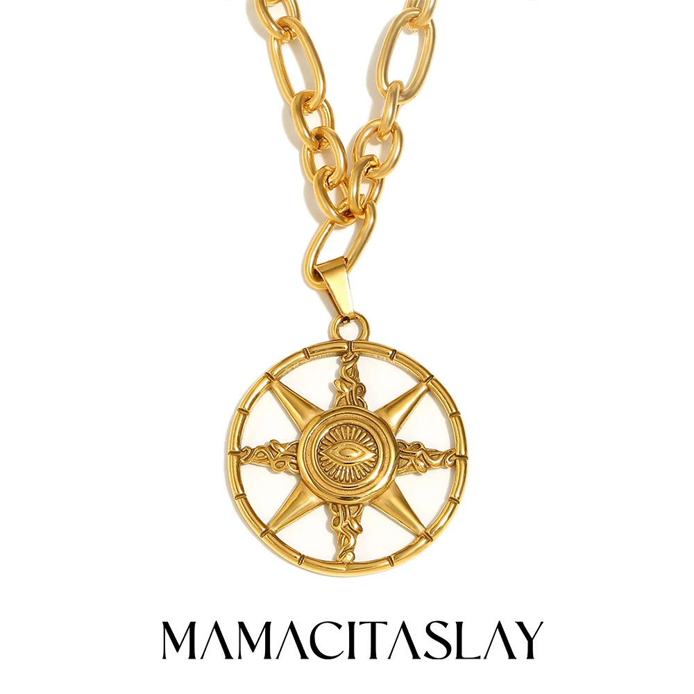 MamacitaSlay New Eight-Pointed Star Round Pendant Evil's Eye stainless steel necklace High Quality Waterproof Titanium Jewelry