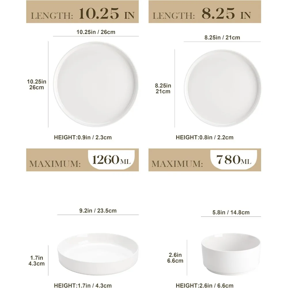 Modern White Porcelain Dinnerware Set for 6, 24-Piece Premium Plate and Bowl Set, Chip and Scratch Resistant