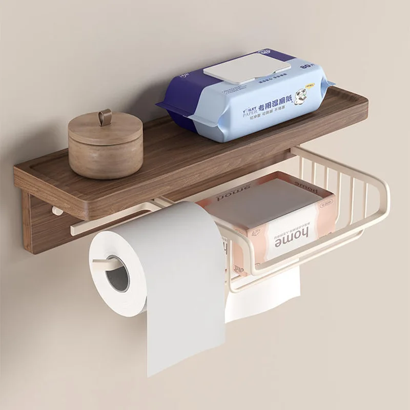 Walnut Wall Mount Tissue Holder Punch-free Bathroom Tissue Box Multifunctional Toilet Paper Storage Rack For Restroom Decor view 4