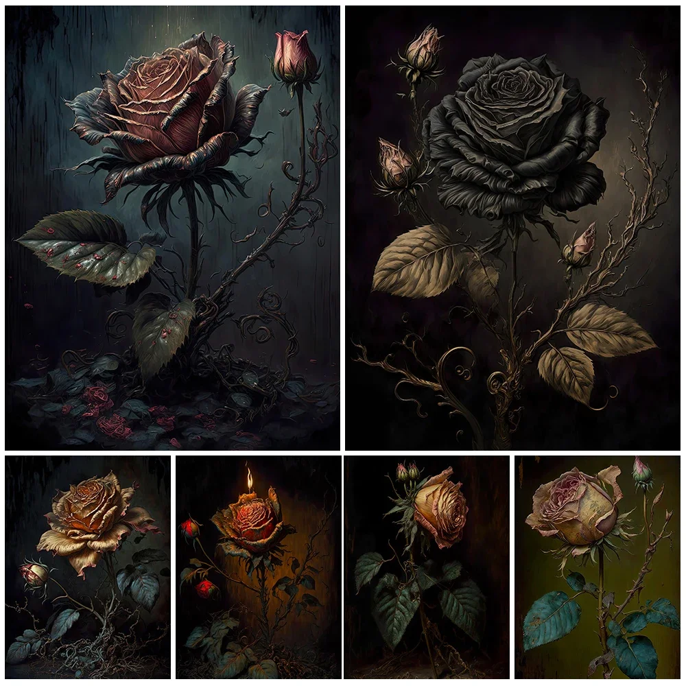 

Vintage Decadent Black Rose Wall Art Canvas Painting Dark Aesthetic Art Prints And Print Goth Home Decoration Unframed