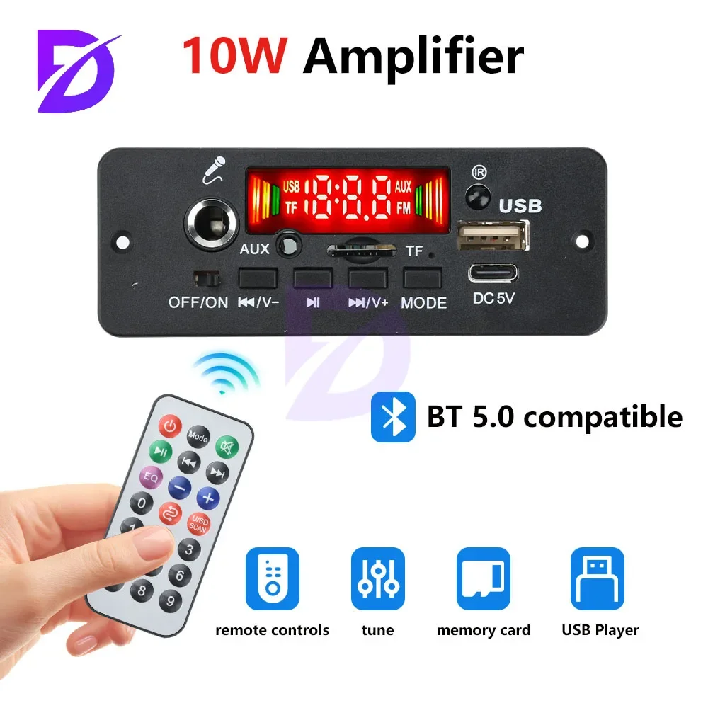 DC 3.7-5V Digital Display BT5.0 Audio Amplifier Board 2*5W BT Multi-function MP3 Decoder Board with Amplifier