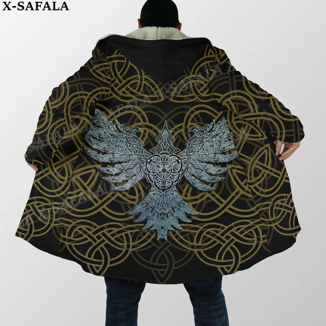 Symbol Tattoo Raven Odin Viking Mythology Thick Warm Hooded Cloak Men Overcoat Coat Windproof Fleece Cape Robe Hooded Blanket-6