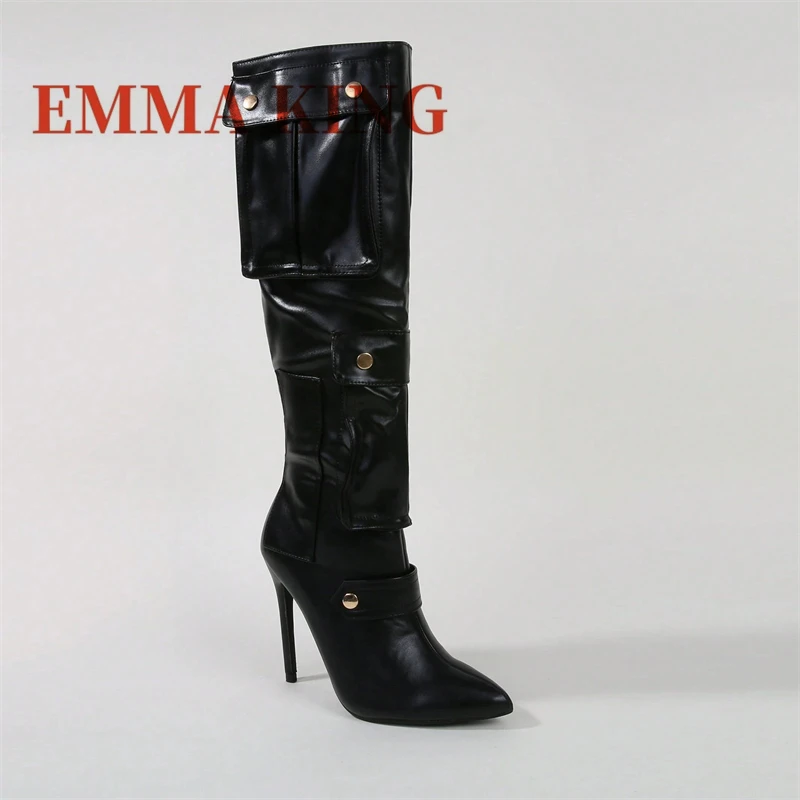 مثير جيب التفاصيل حذاء برقبة للركبة مدبب تو الخناجر أحذية عالية الكعب موضة أسود أبيض حفلة عادية الجانب سستة الأحذية #3