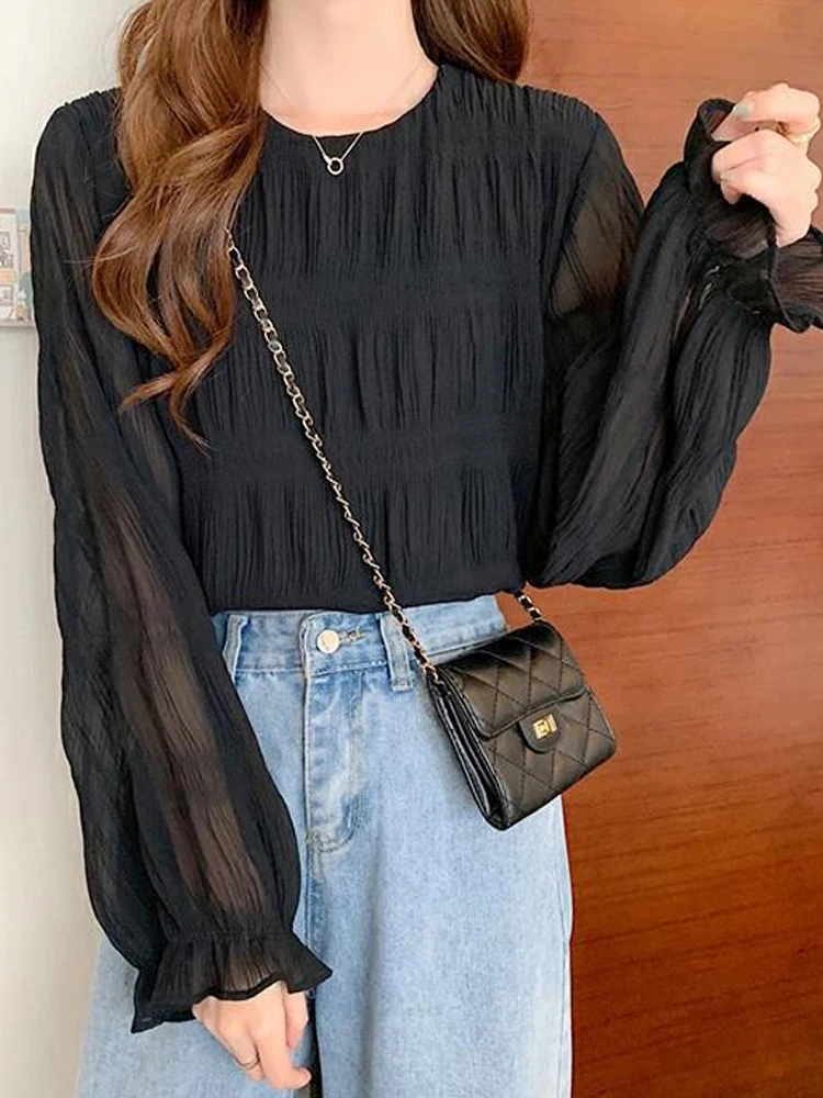 

Autumn Blouse Women Elegant Pleated Long Sleeve Tops Female Korean Fashion See Through Shirt Ladies Casual Loose Solid Blusas