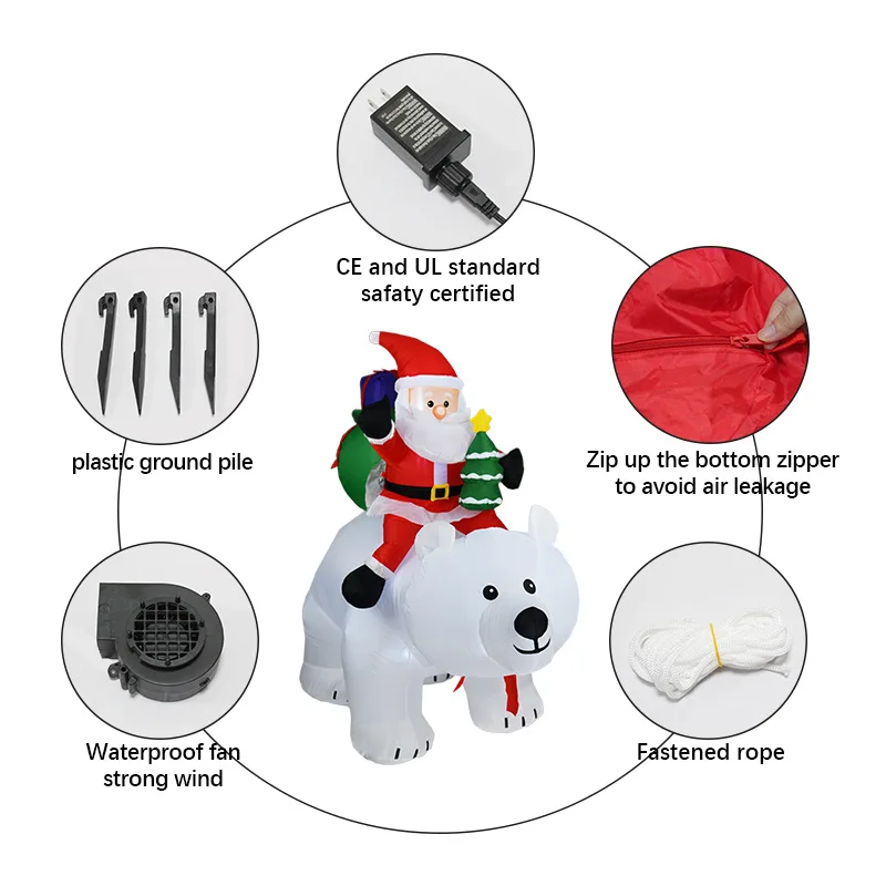 Movable Bear Santa Christmas Inflatable Yard Outdoor Decorations with LED Light Blow Up Home Outdoor Holiday Decoration