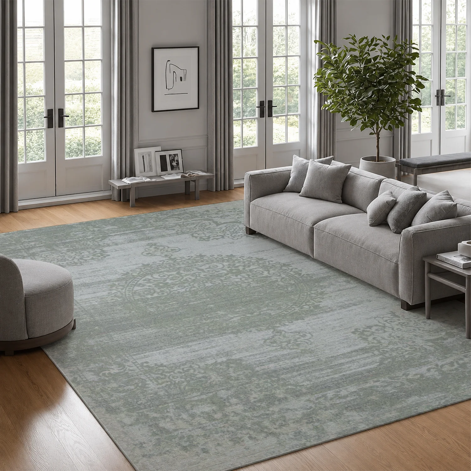 Large Indoor Area Rug, Soft Velvet Low Pile Rug with Non-slip Dotted Backing, Machine Washable Distressed Vintage Medallion Pattern Rug for Living Room Bedroom, Neutral Gray Accent Carpet for Home Decor