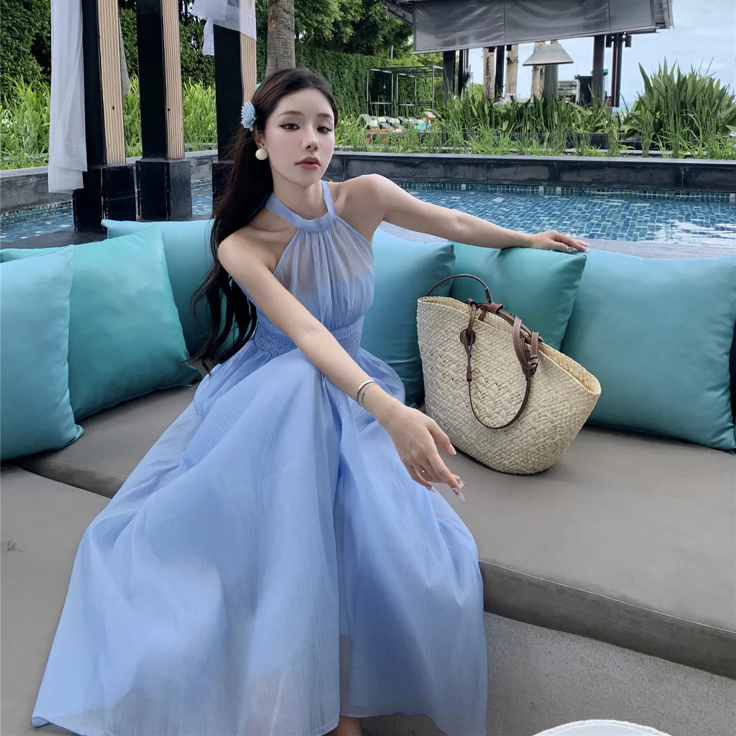 

Elegant Blue Maxi Dress Set Vacation Style Hanging Neck Gown with Pleats Ultra Fairy Tale like Summer Fashion Ensemble