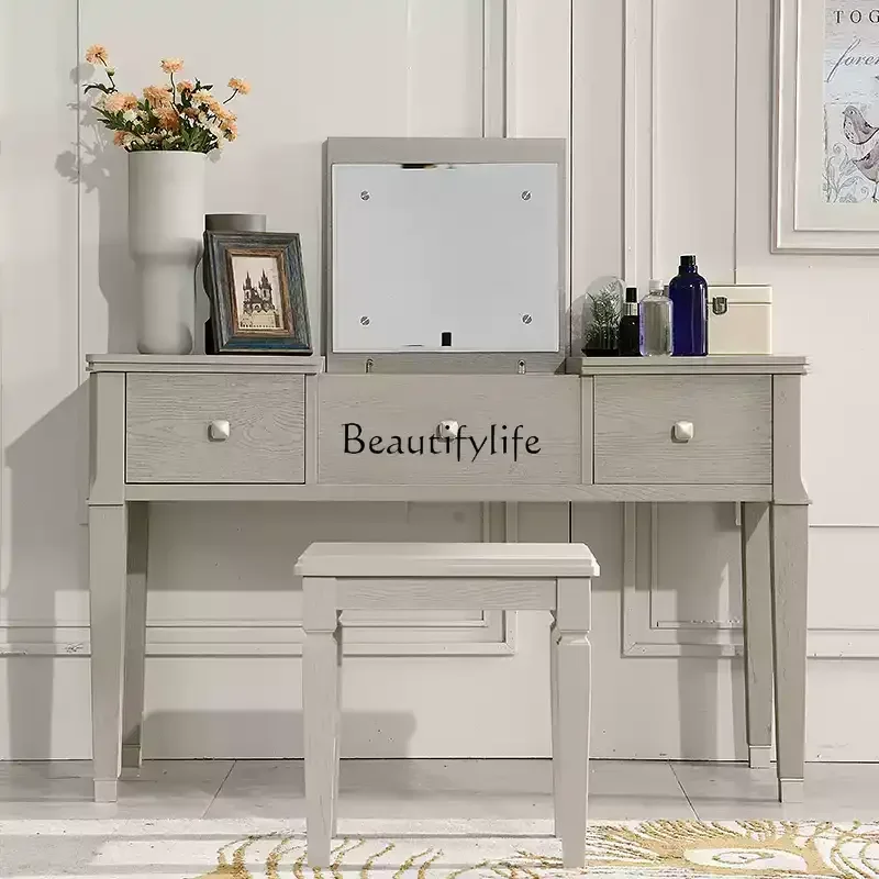FGAmerican light luxury light gray red oak all solid wood dresser flip makeup mirror
