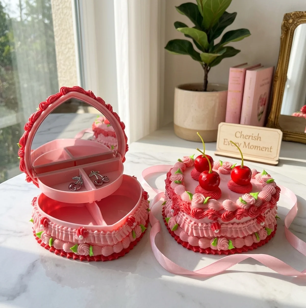 

Шкатулка для украшений в форме сердца с вишневым тортом, имитация десерта, футляр для хранения с зеркалом, органайзер для колец и серег, милый декор для женщин и девочек, подарок