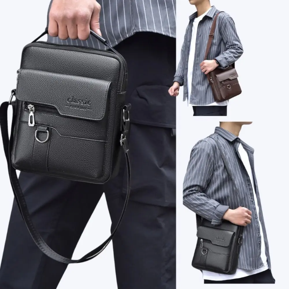 

Casual Solid Color Men's Business Shoulder Bag Flap PU Leather Travel Crossbody Bag Waterproof Large Capacity Zipper Handbag