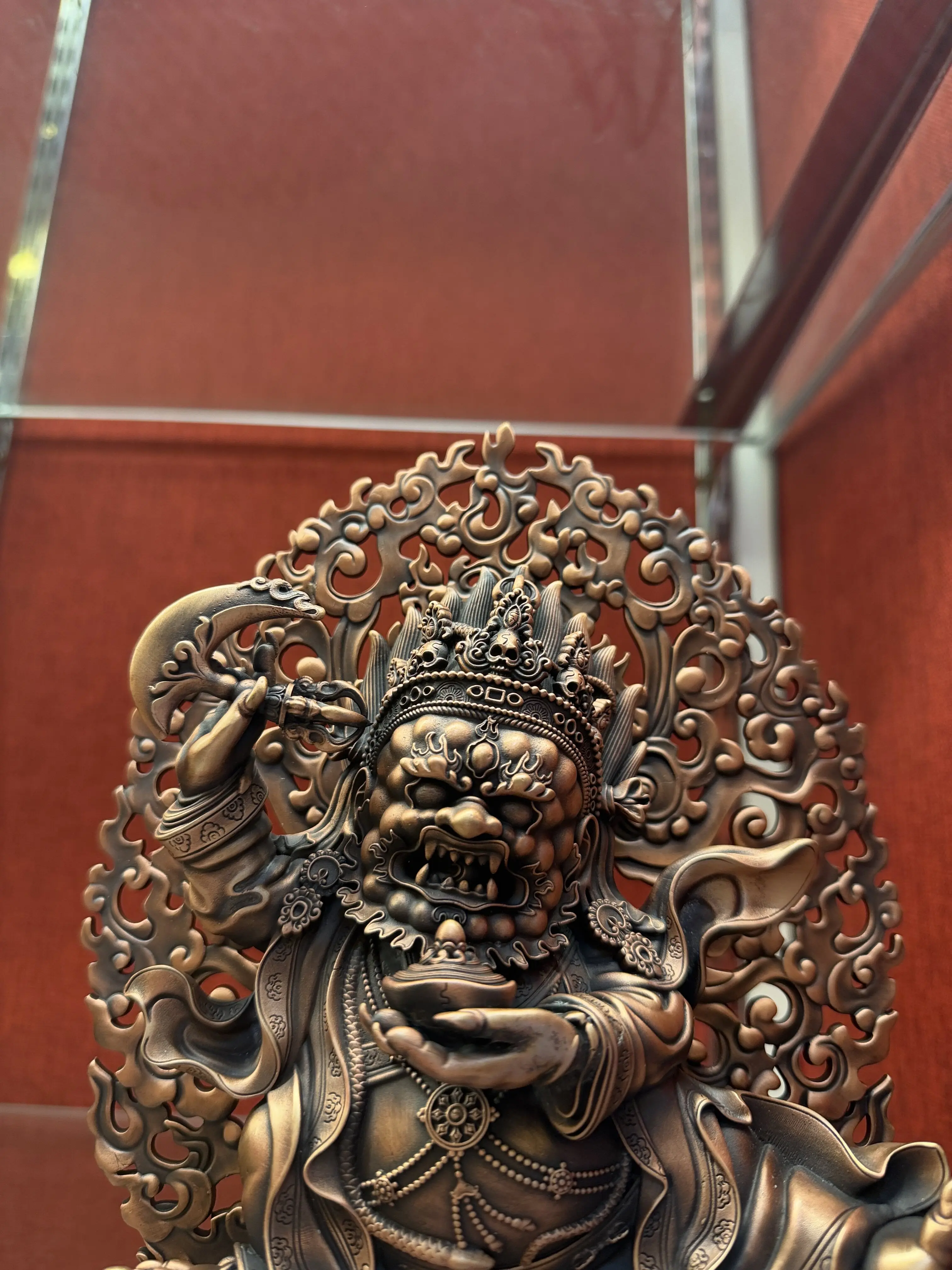 The two-armed Mahakala Kagyu statue in black robes, pure red copper distressed and exquisite statue, 23 cm tall