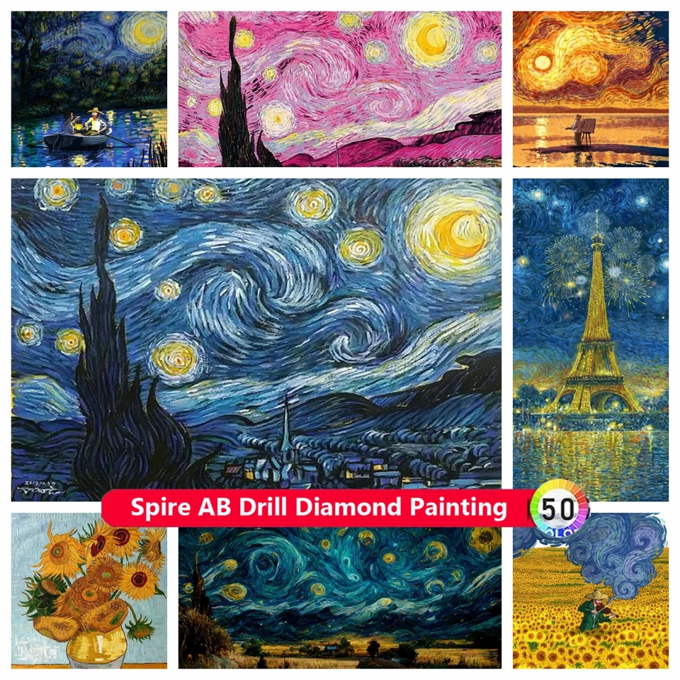 Vincent Van Gogh 5D AB Drills Diamond Painting Starry Night Sunflower Colorful Comic Oil Art Cross Stitch Mosaic Home Decor Gift