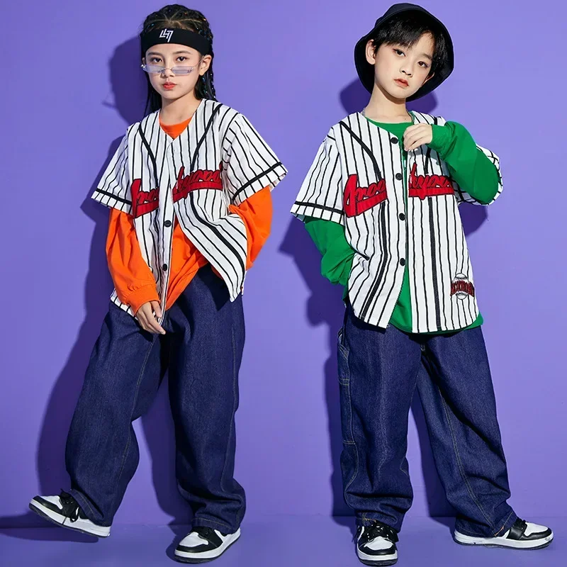 Kid Hip Hop Clothing Stripe Baseball Jersey Cardigan Shirt Top Streetwear Denim Jeans Pants for Girl Boy Dance Costume Clothes