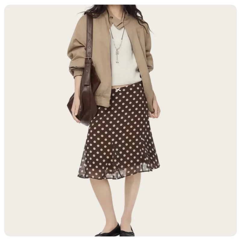 Französischer Retro-Stil Damen A-Linien-Chiffonrock in Knielänge mit Schleife, Schokoladenbraun und Beige mit Polka Dots – Detail 6