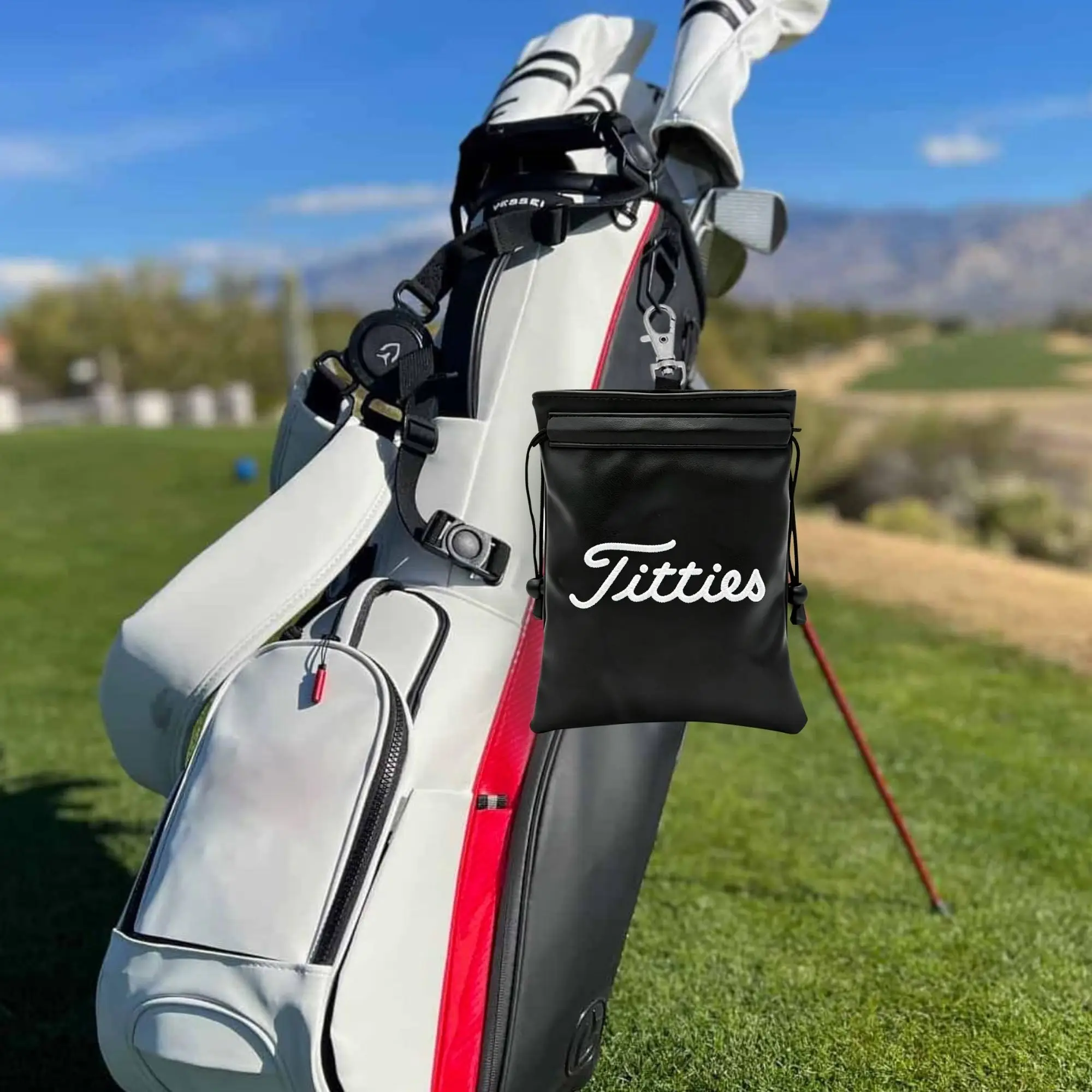 Funny Golf Valuables Bag with Drawstrings Synthetic PU Leather Pouch for Men Women White Gifts for Golf Pouch Gift for Father