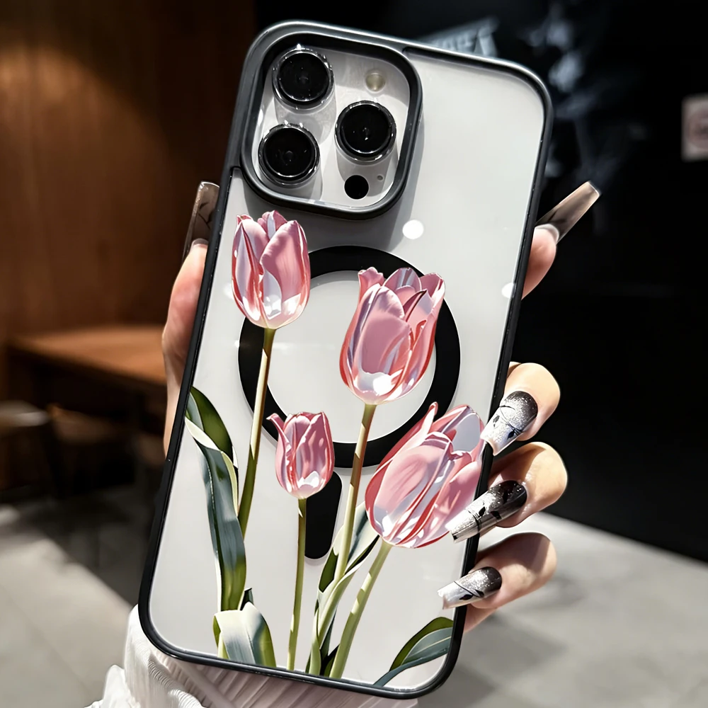 Tulpenblumen-Klarsichthülle für Magsafe iPhone 15 16 Pro Max 17 16 15 14 11 13 12 Pro Max Plus Hüllen Magnetisches Kabelloses Laden Coque – Detail 1