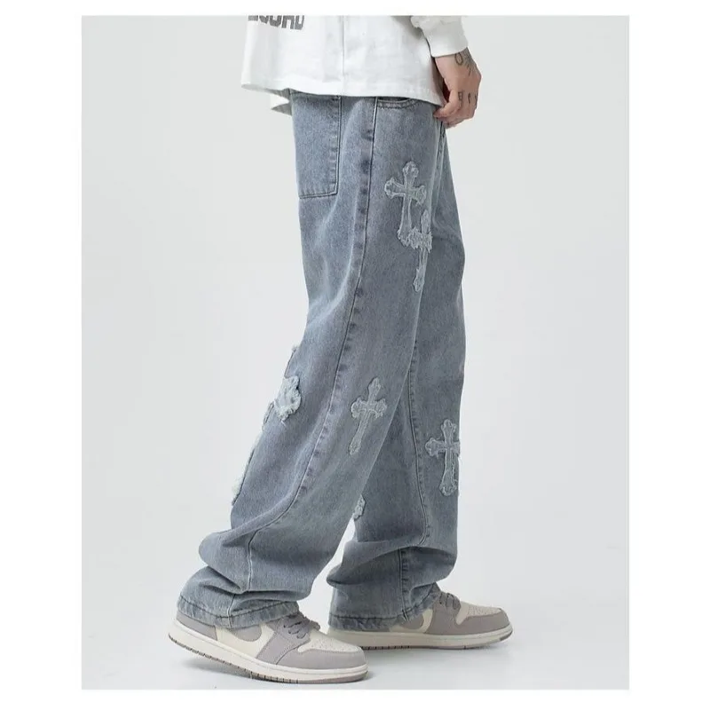 High Street Men Trousers Cross Patch Jeans Hip-hop Handsome Explosive Street Straight Tube Loose Wide Leg Motorcycle Pants