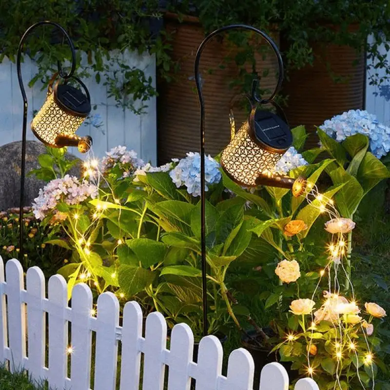 

Iron Solar Light Garden Running Water Metal Kettle Star Solar Lamp with Sheep Hook Decorative Stakes Watering Can Star Lamp