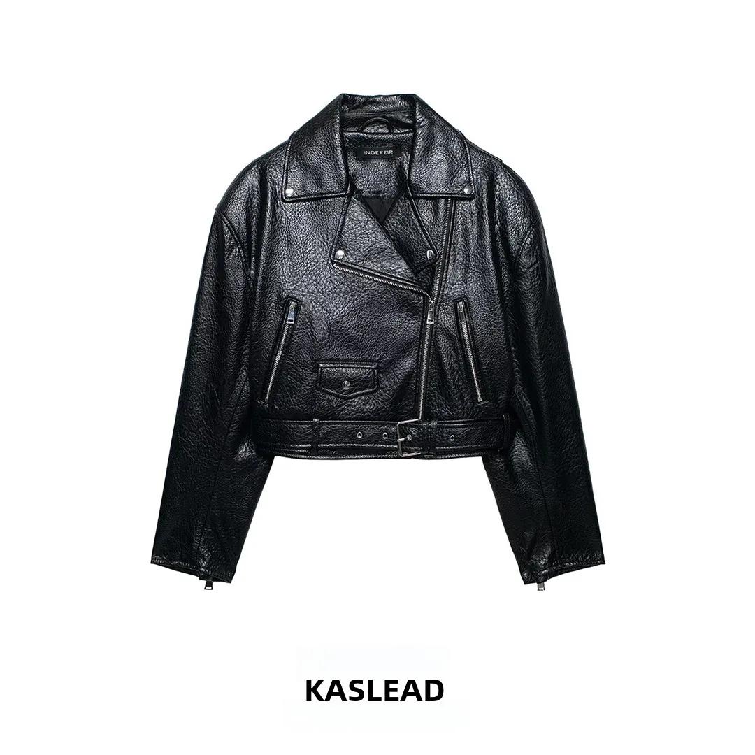 

Модная женская кожаная мотоциклетная куртка KASLEAD, укороченная, с подплечниками, стильная, из полиэфирного волокна, с длинными рукавами, на молнии