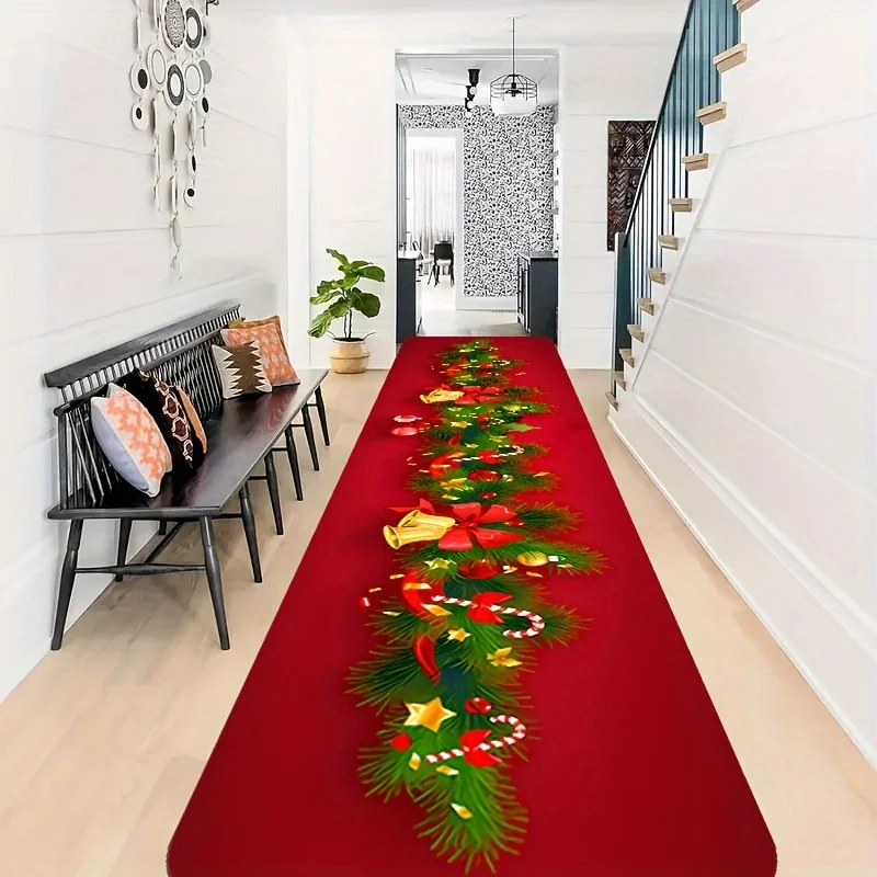 VIKAMA Festive Xmas Corridor Runner Rug Bright Red Base Pine Sprig Shiny Holiday Ornament Pattern Wear‑resistant Household Floor