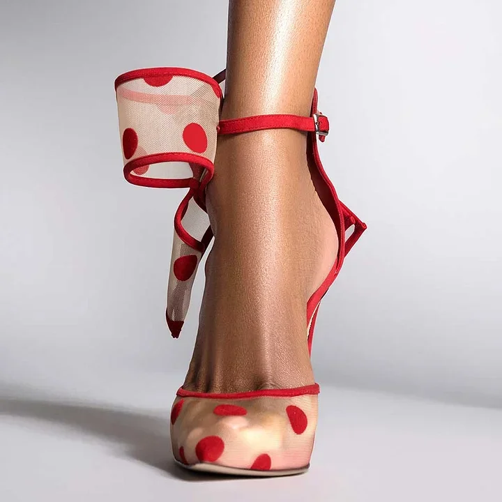 Red & Beige Mesh Pointy Toe Polka Dot Bow Ankle Strap Heeled Sandals