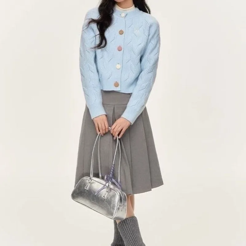 

Осенне-зимний короткий свитер на пуговицах с вышивкой, кардиган, тонкий вязаный топ с круглым вырезом