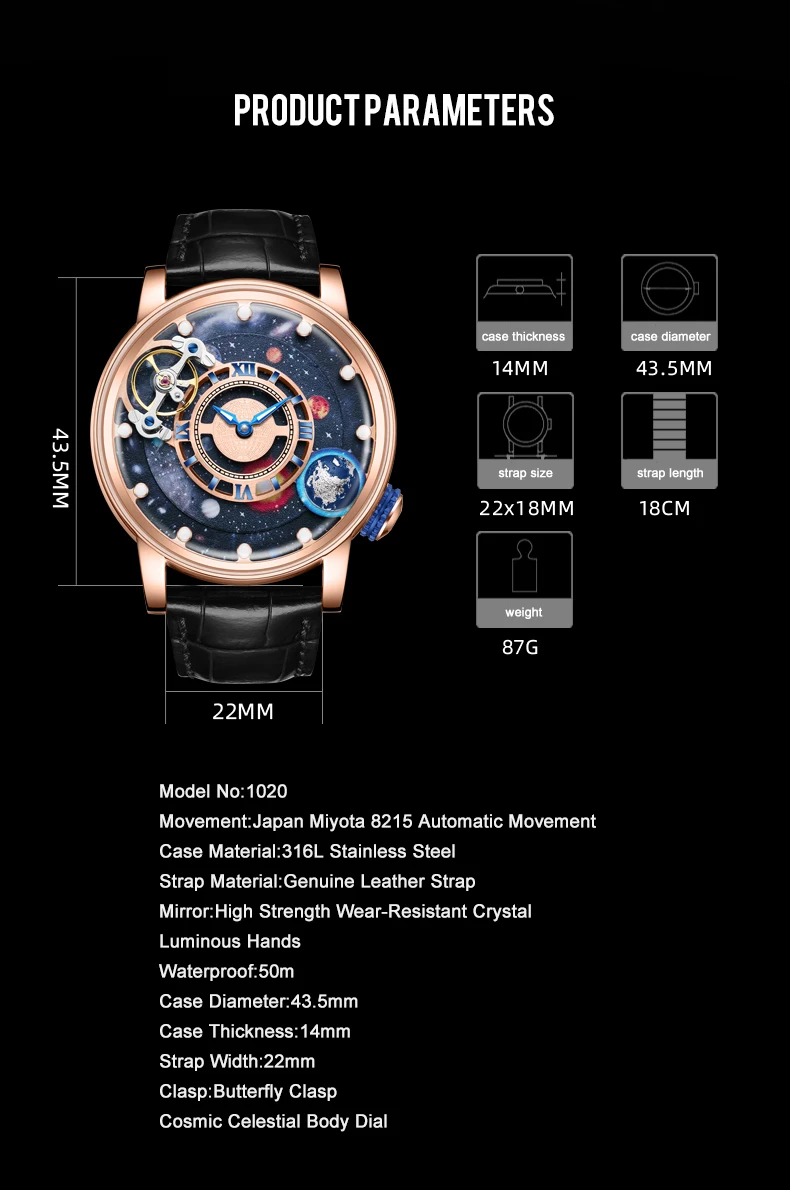 HANBORO Men Automatic Watch Luxury Mechanical Wristwatch 5ATM Rotatable Backgroud Luminous Cosmic Celestial Body Dial Automatic