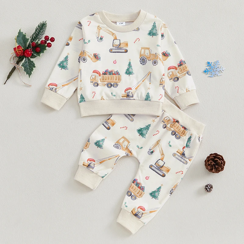 

2024-07-27 Lioraitiin Toddler Boys Christmas Outfits Truck Print Long Sleeve Sweatshirts Long Pants 2Pcs Fall Clothes Set