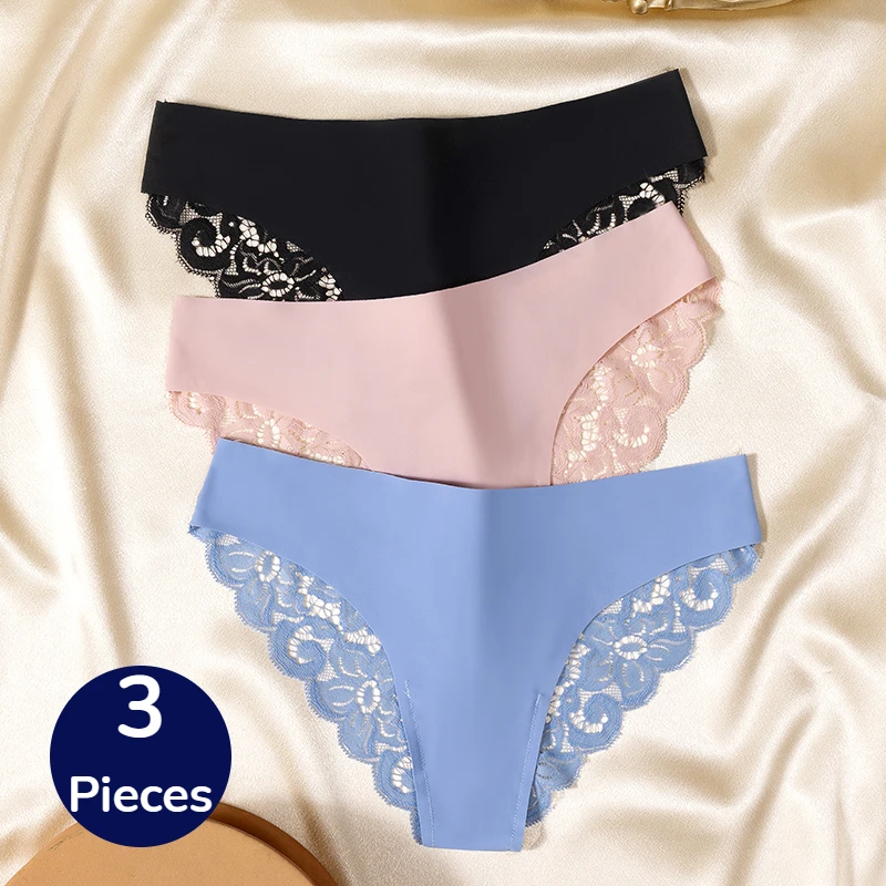 BZEL 3PCS Women\'s Panties Set Sweet Lace Female Underwear Hollow Out Sexy Lingerie Soft Silk Satin Briefs Comfortable Mesh Panty