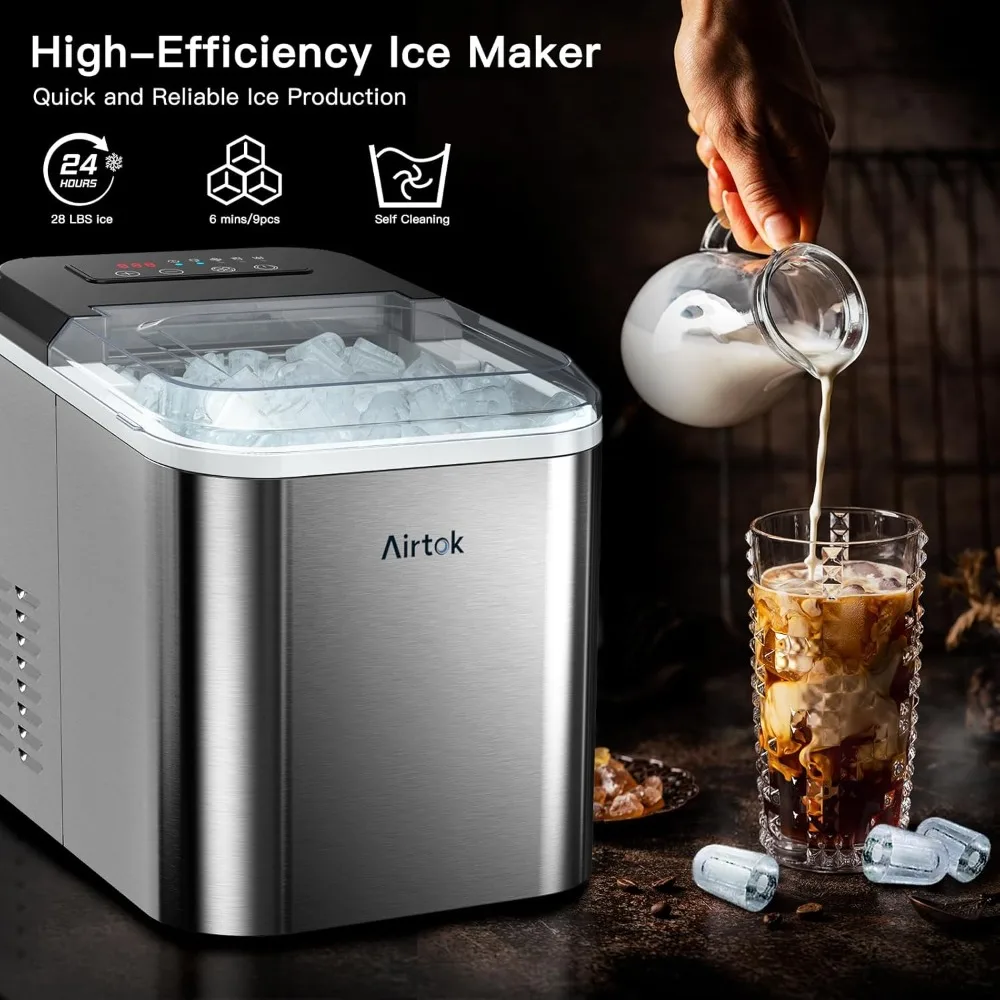 Ice Makers Countertop with Reservation, 28LBs/24H, 9 Ice Cubes Ready in 6 Mins, Self-Cleaning Ice Maker Machine with Basket