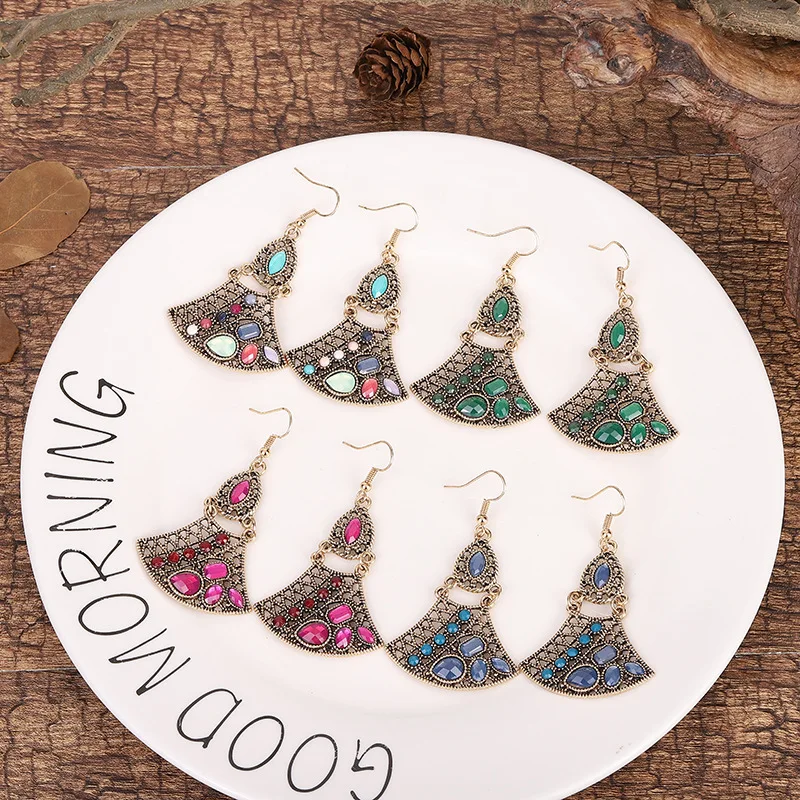 

New Double layer Alloy Large Fan Earrings Hole Green Retro National Style Diamond Earrings Wholesale תכשיטי פנינה אמיתית עגילים