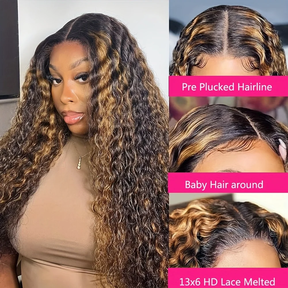 Highlight Ombre Lace Front Wig 40 Inch Curly Wigs 13x6 13x4 Hd Lace Frontal Water Wave Human Hair Wigs 1B/30 Colored Deep Wave image 3