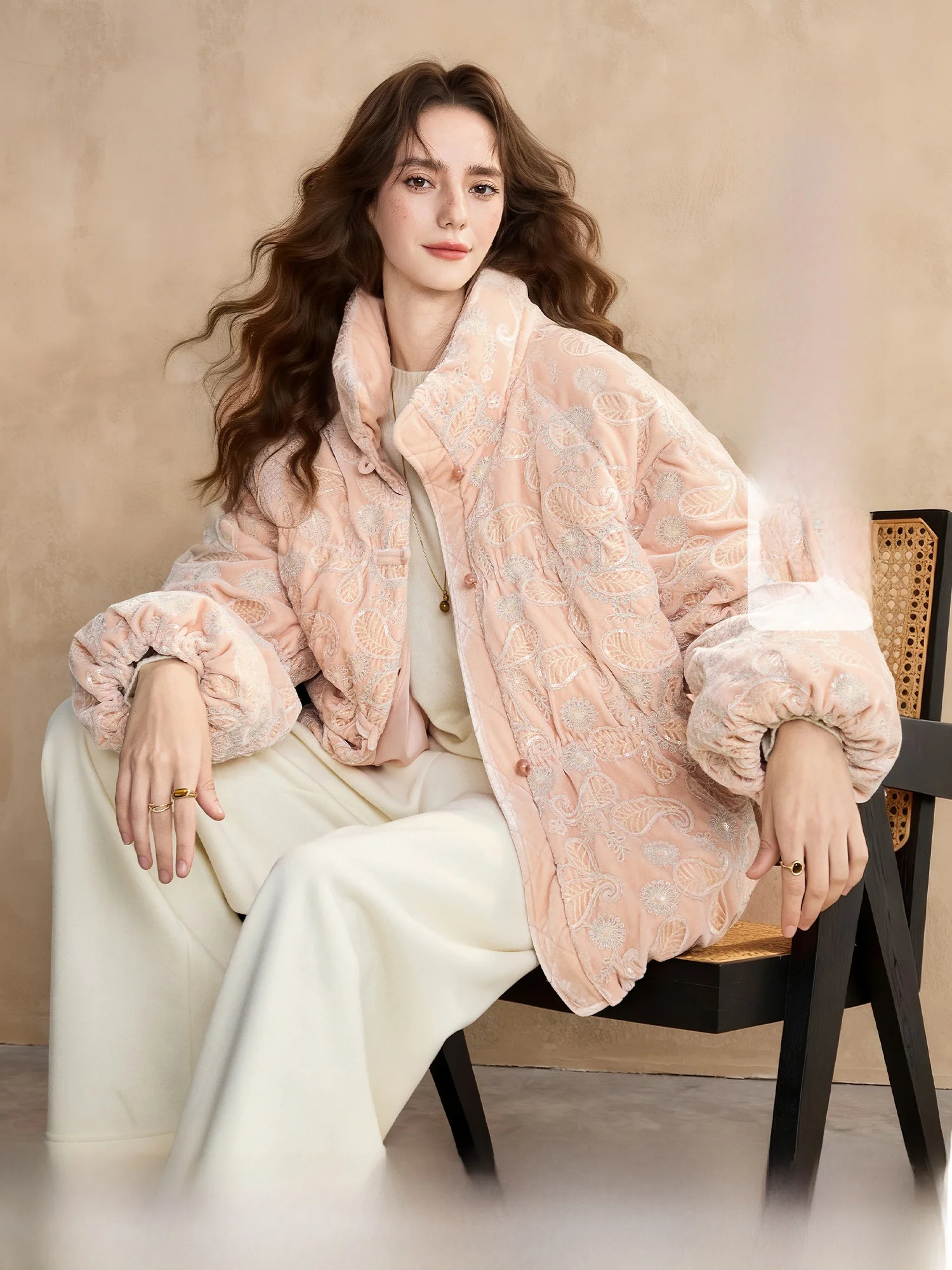 

High Warm Du down Velvet Jaet Embroidered New Chinese Sle Women's Puffer Coat Pumpkin Valley Dr Chinese Lacape