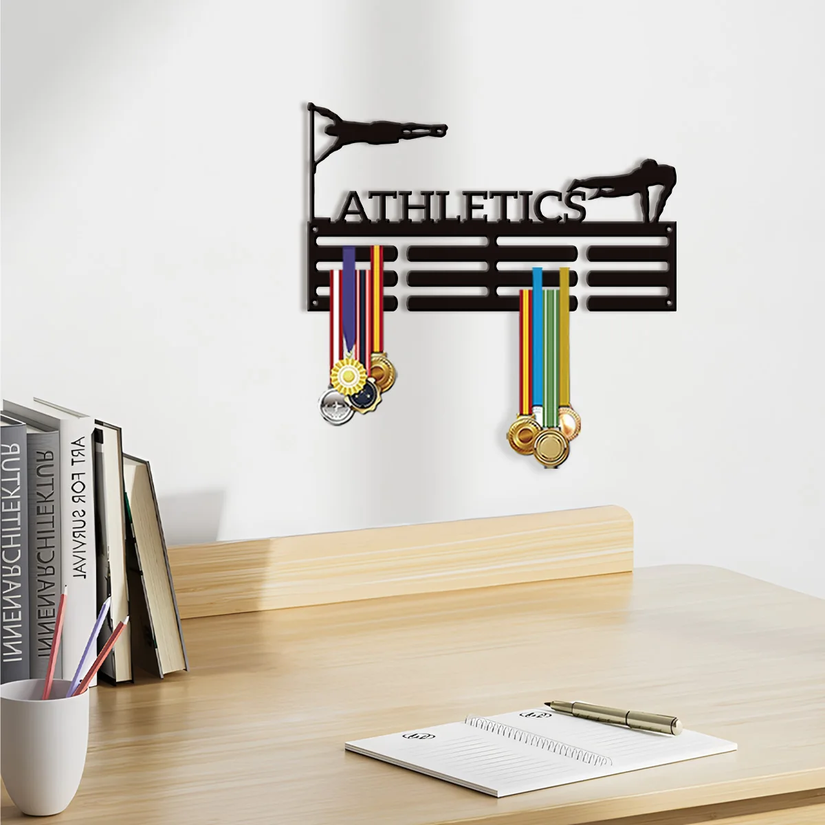 A customized Honor item basketball player Iron medal rack wall mounted trophy display rack with adjustable multiple hooks Suita